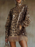 Full Size Leopard Sequin Mock Neck Fringe Hem Mini Dress Plus Size