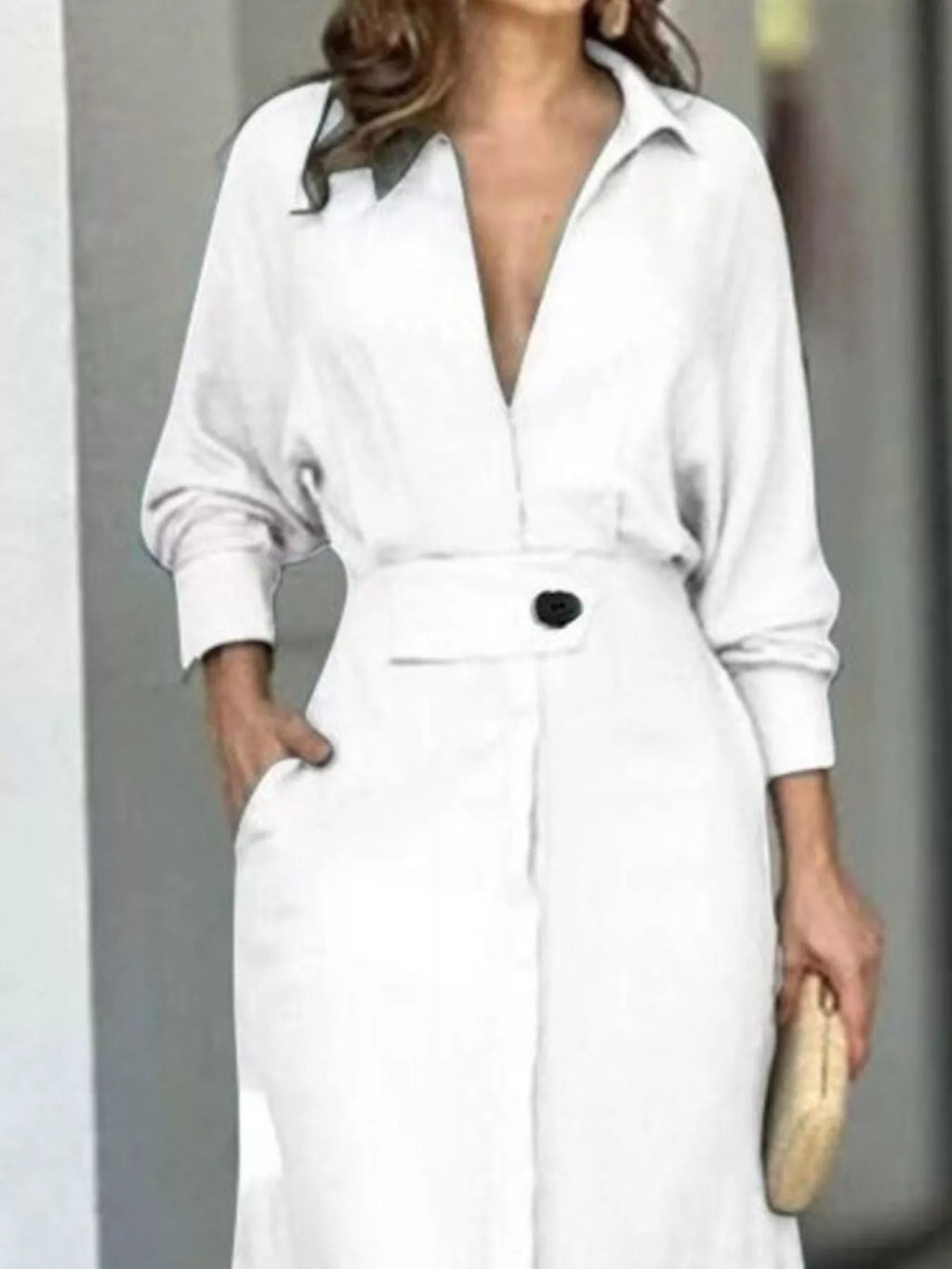 Side Slit Long Sleeve Shirt Dress