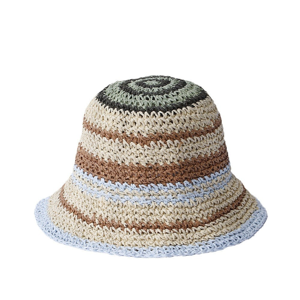 Striped Handmade Crocheted Rainbow Straw Hat For Women Foldable Sun-proof