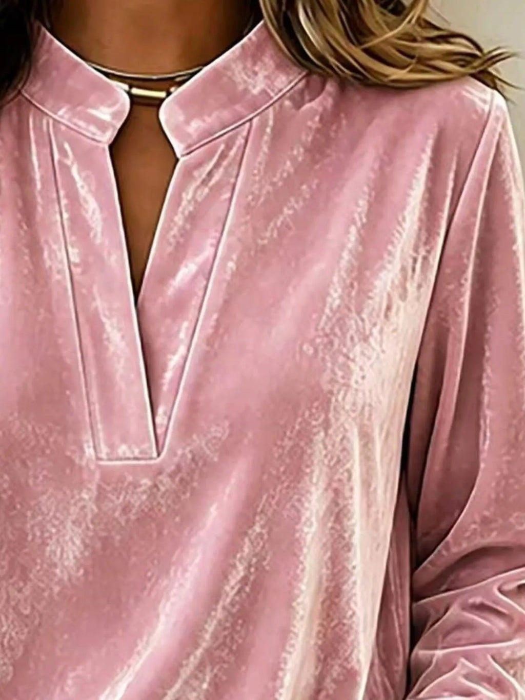 Full Size Velvet Notched Long Sleeve Blouse Plus Size