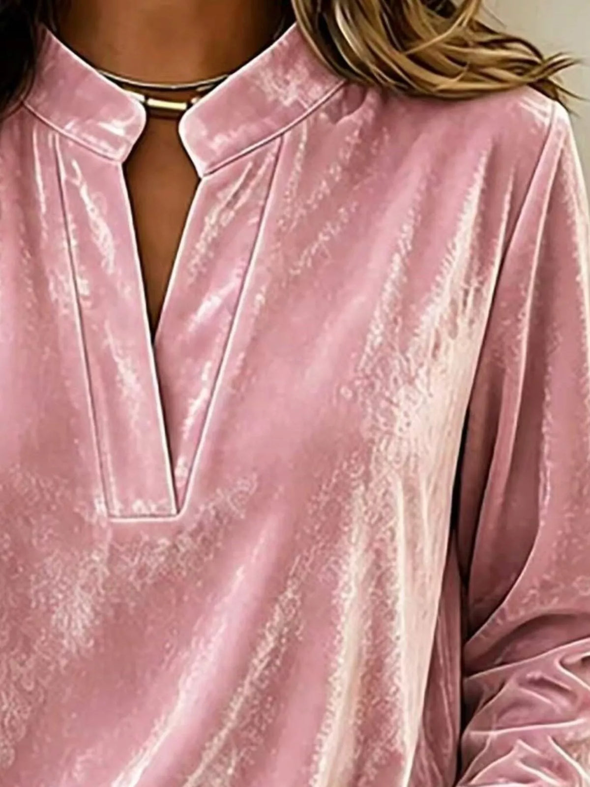 Full Size Velvet Notched Long Sleeve Blouse Plus Size