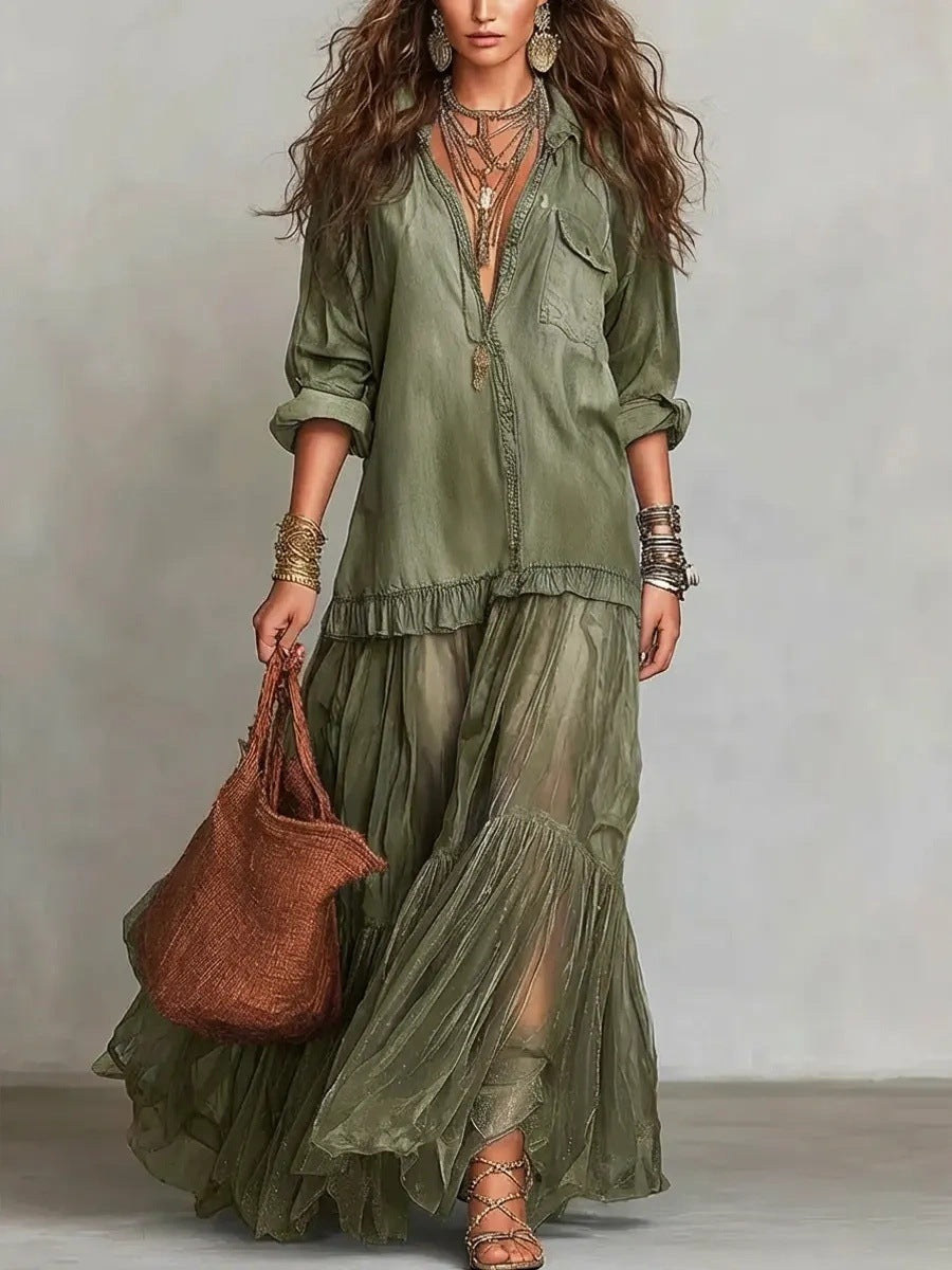 Women's Retro Lapel Collar Faux Denim Maxi Dress Casual Pocketed Dress