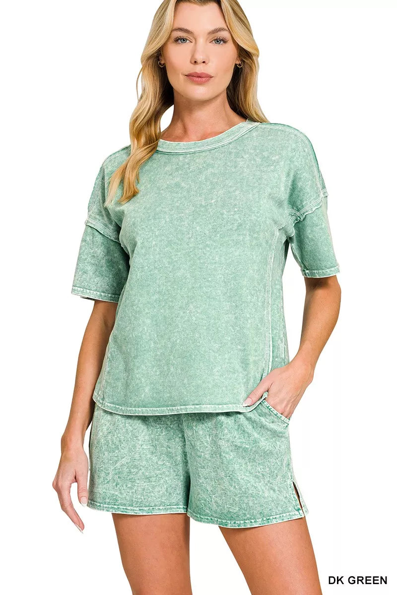 Zenana Halo Snow Washed Short Sleeve Tee and Shorts Set