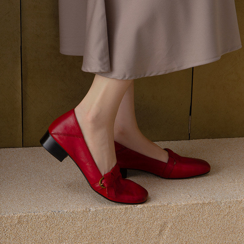 Vintage Red Square-toe Pumps For Women