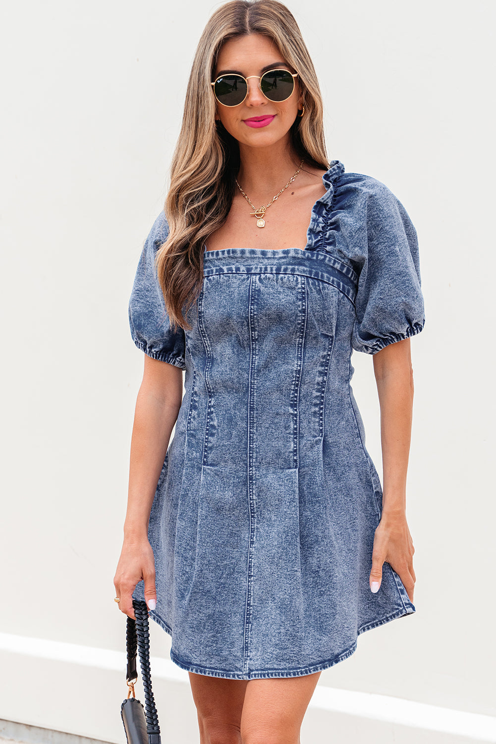 Denim Frilly Square Neck Bustier Puff Sleeve Dress-0