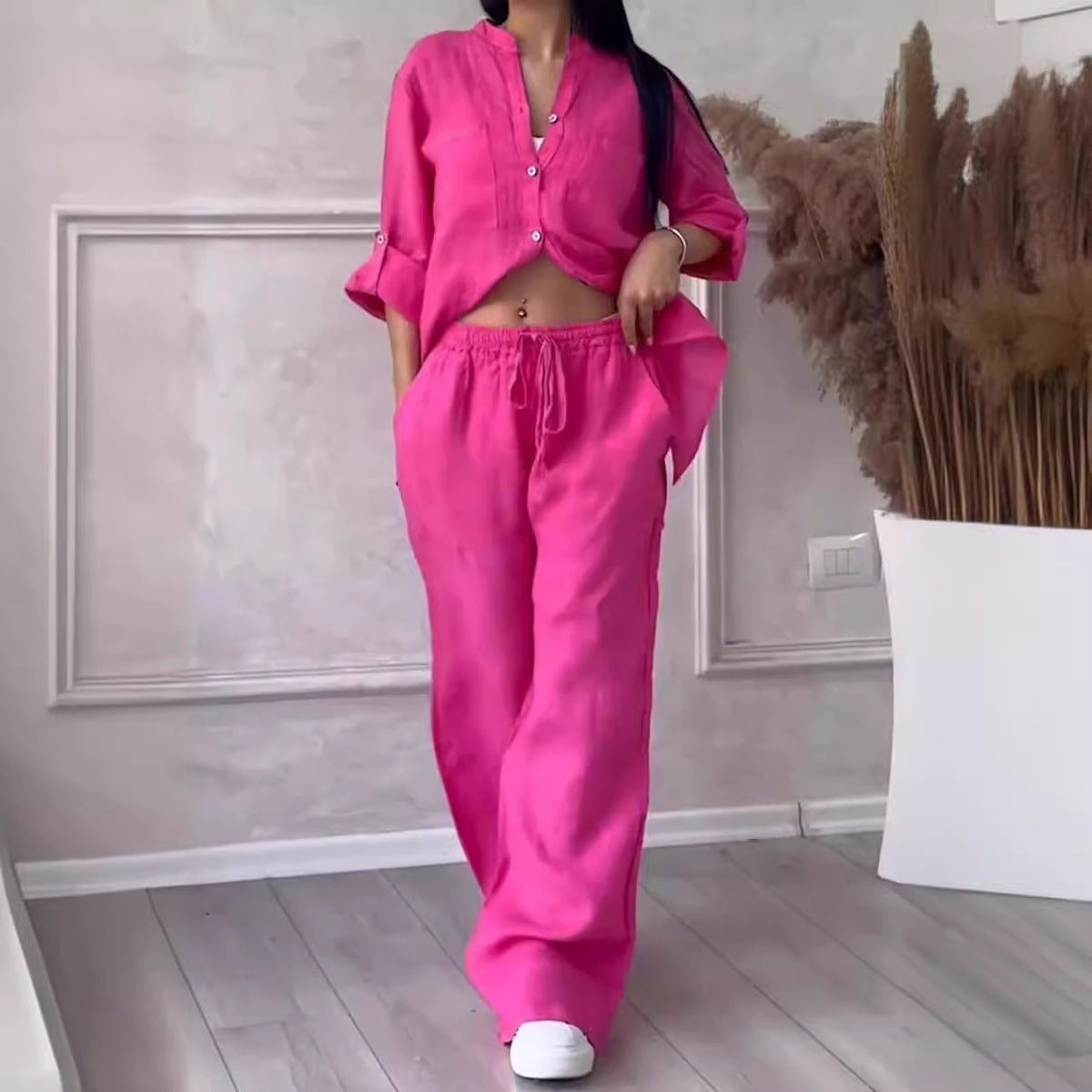 Wide-Leg Pants & Lace-Up Top Two-Piece Set – Solid Color, 12 Colors S–5XL