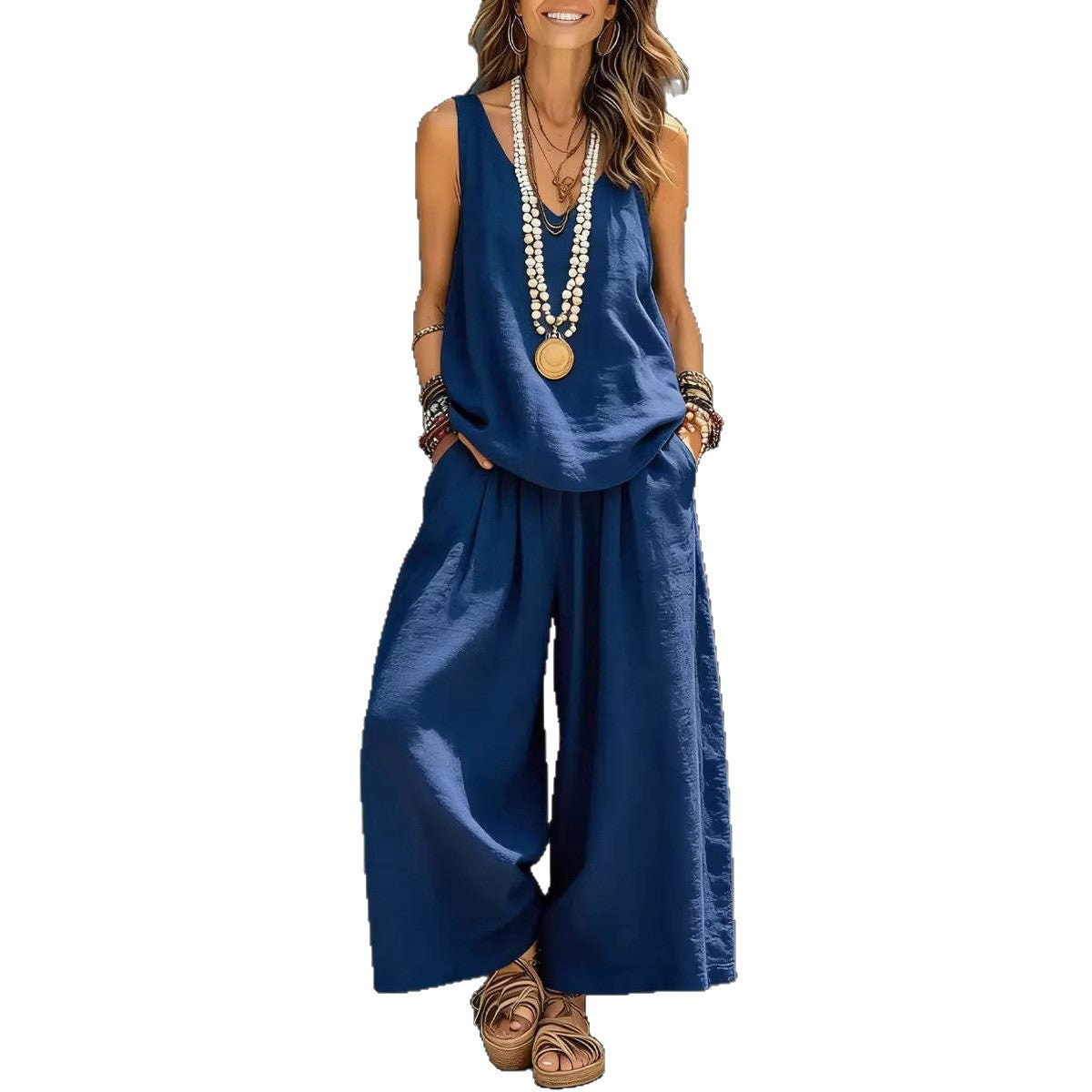 Womens Solid-Colored Casual Sleeveless Tank Top And Wide-Leg Pants Cotton-Linen Set For Daily Wear Holiday Outfit
