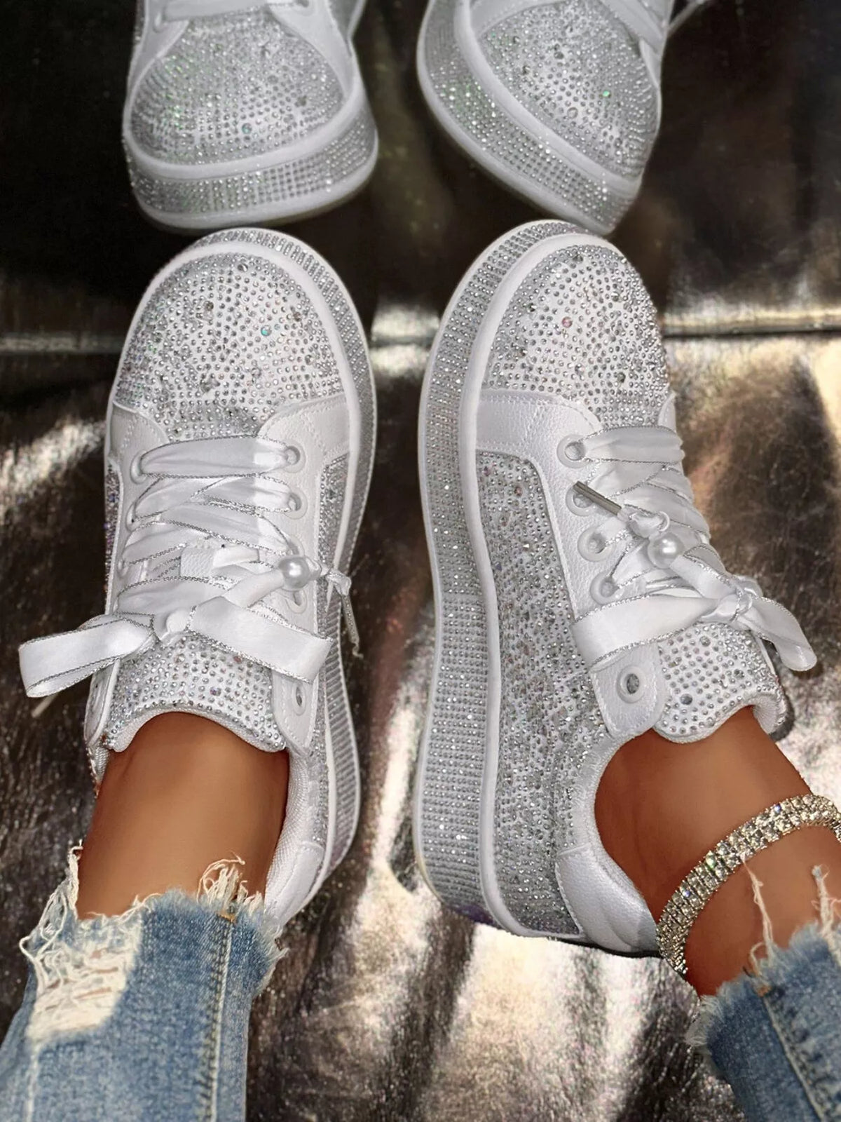 Round Toe Rhinestone Sneakers