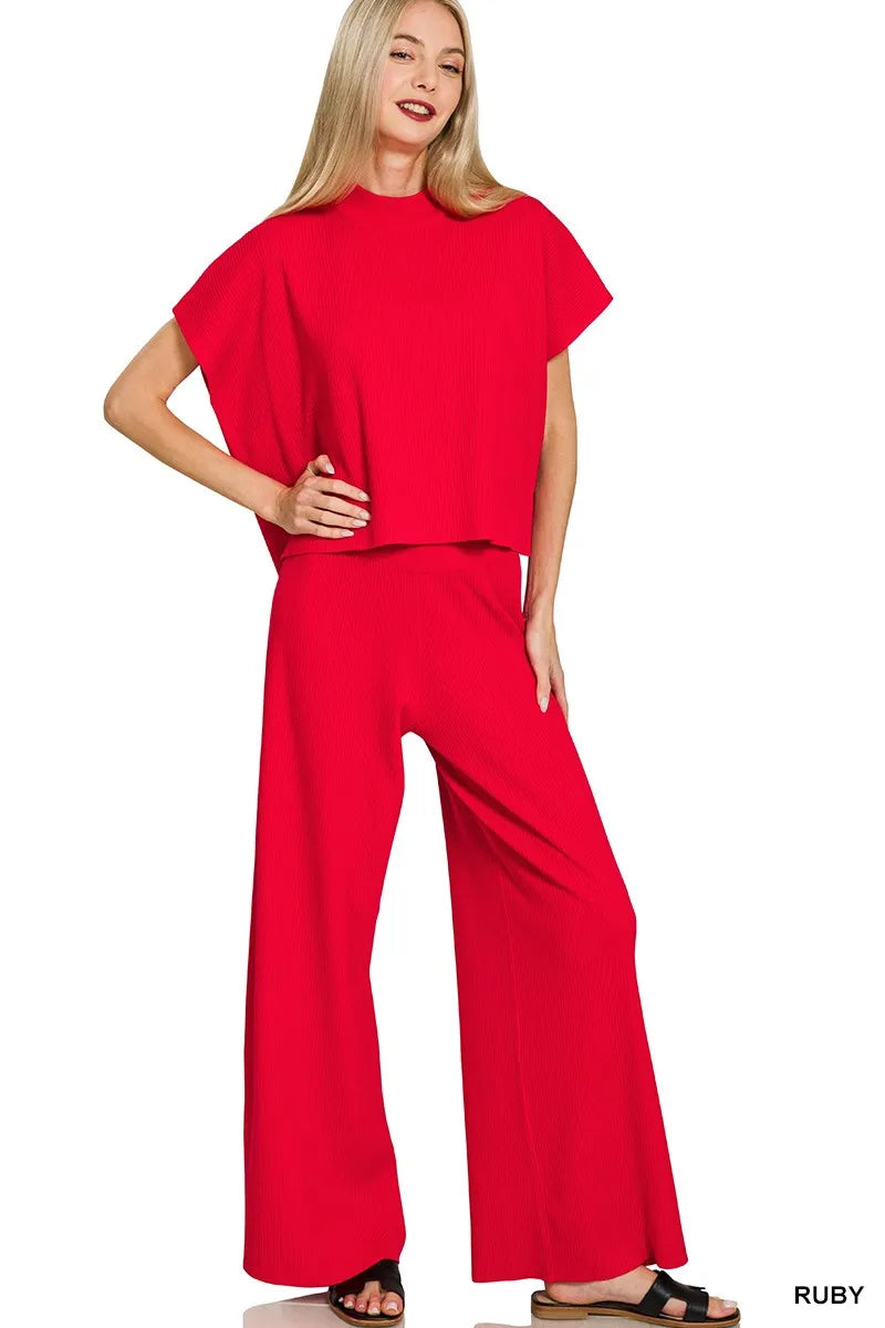 Zenana Viscose Sweater Short Sleeve Top and Pants Set