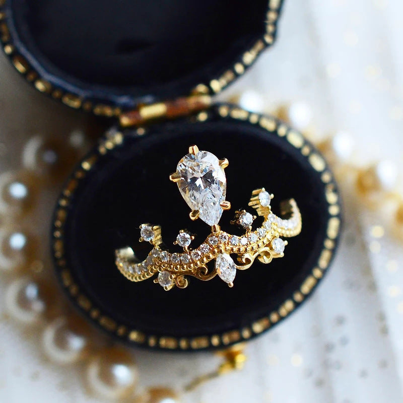 Vintage Crown Pear Cut Moissanite Ring
