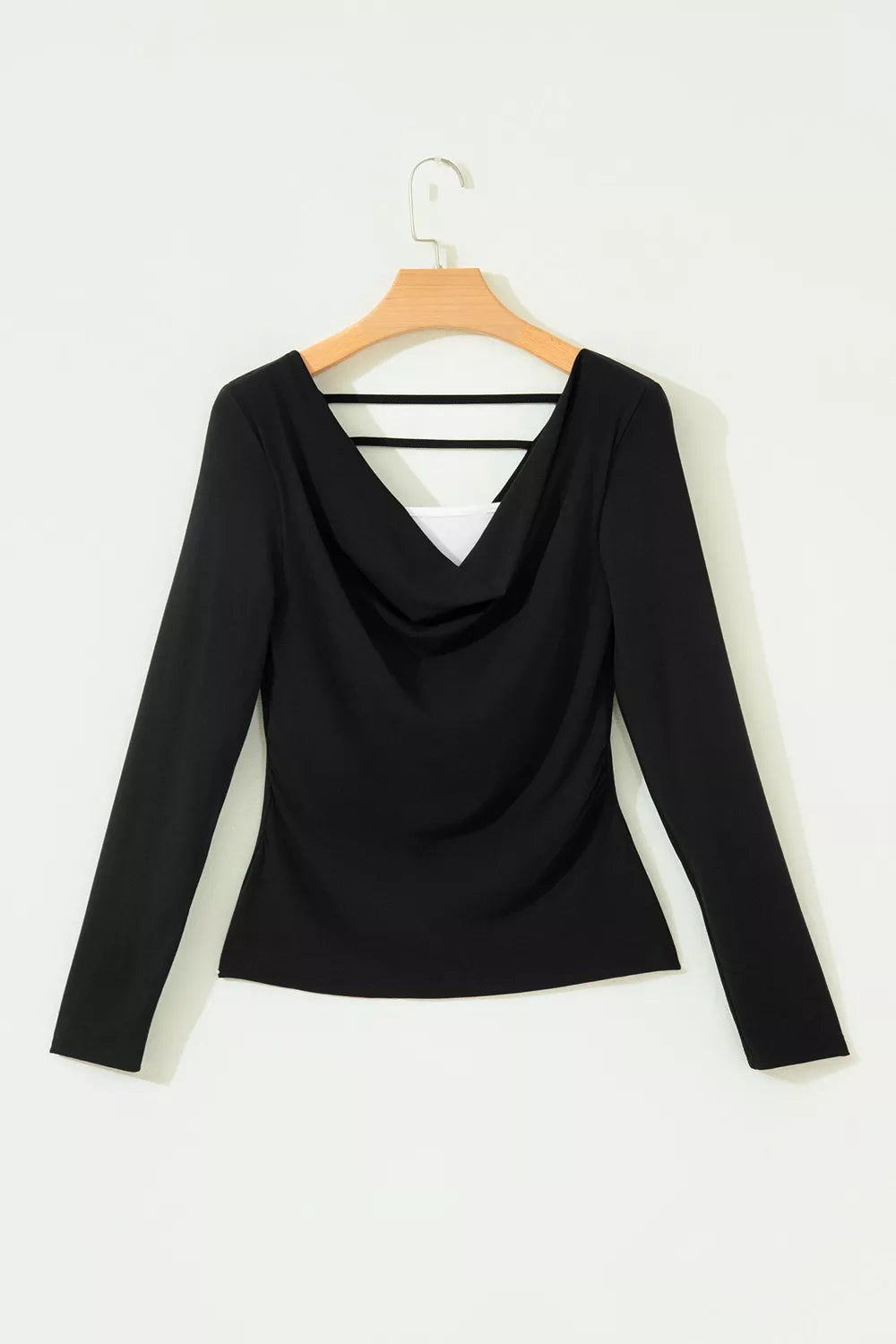 Color Block Drape V Neck Pleated Long Sleeve Top