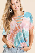 BiBi Tie-Dye V-Neck Cutout Short Sleeve T-Shirt