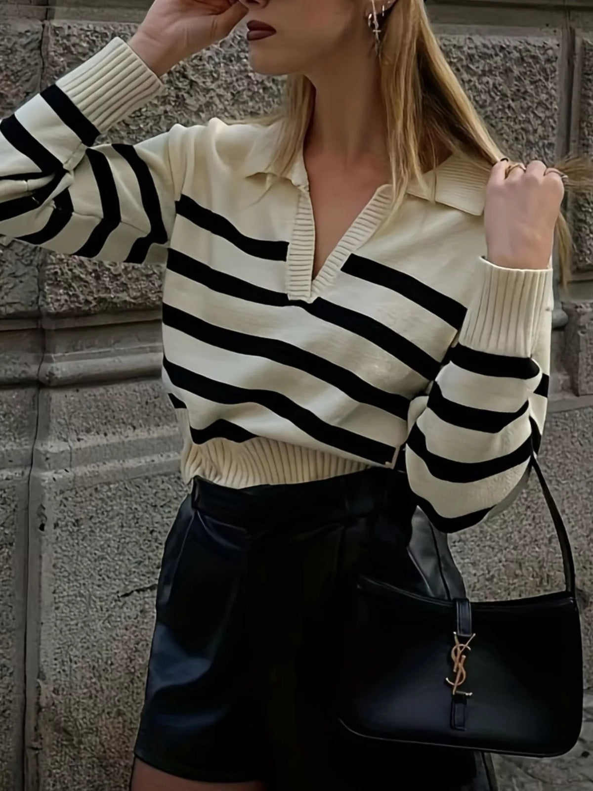 Striped Polo Collar Knit Sweater