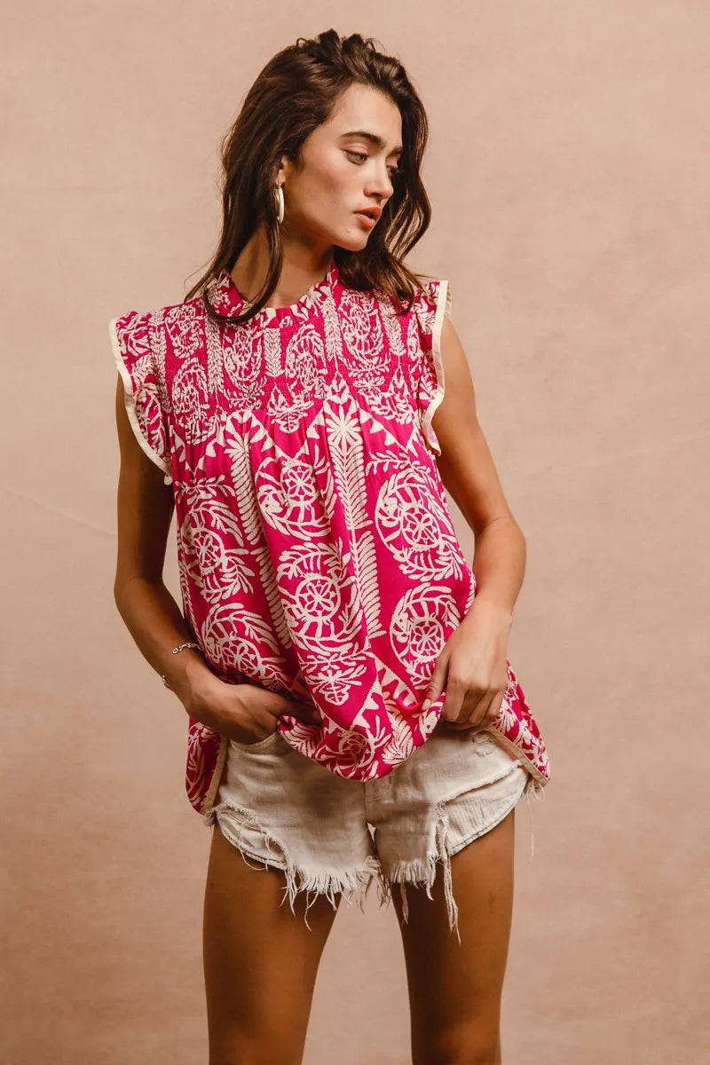 BiBi Printed Ruffle Sleeve Top
