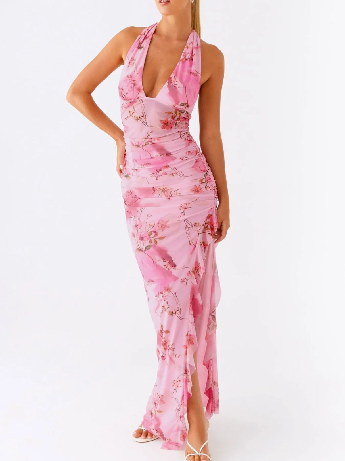 Ruffled Floral Print Halter Neck Cami Dress