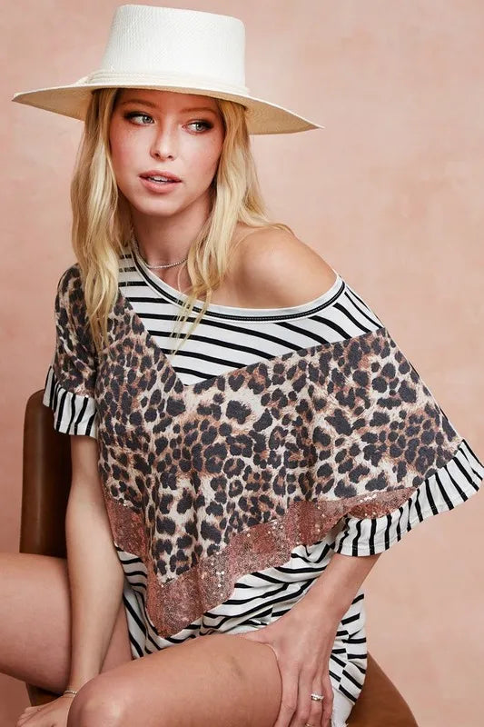 BiBi Stripe Rayon Span Knit Color Block Top With Leopard