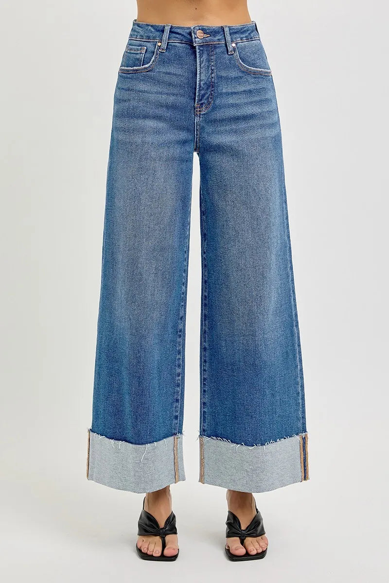 RISEN Full Size Tummy Control High Rise Crop Wide Cuffed Jeans Plus Size
