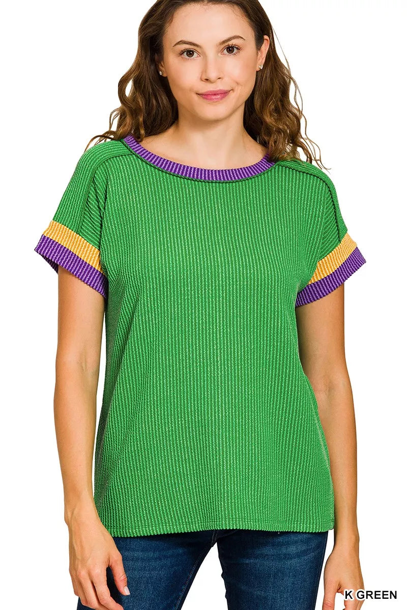 Zenana Mardi Gras Raised Rib Contrast Trim Top