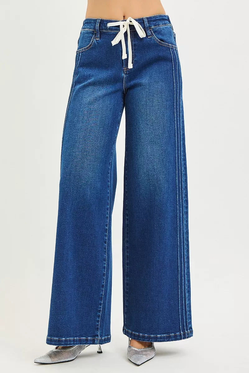 RISEN Full Size Mid Rise Wide Side Pintuck Jeans with Front Drawstring Plus Size