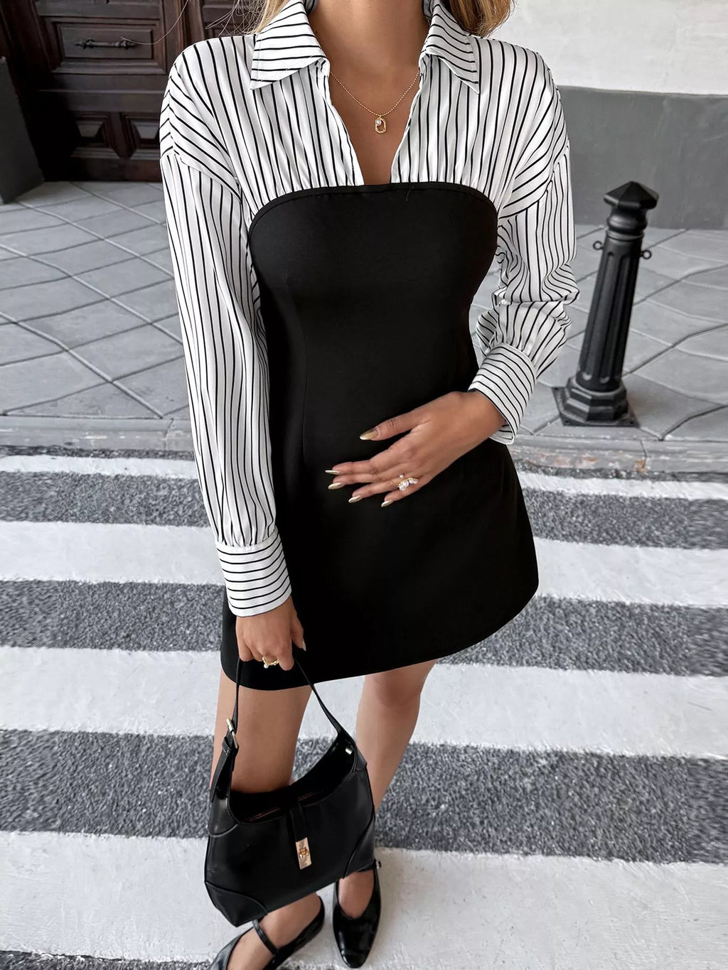 Striped Shirt Panel Bodycon Mini Dress