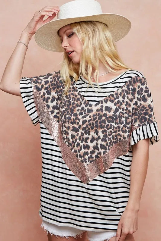 BiBi Stripe Rayon Span Knit Color Block Top With Leopard