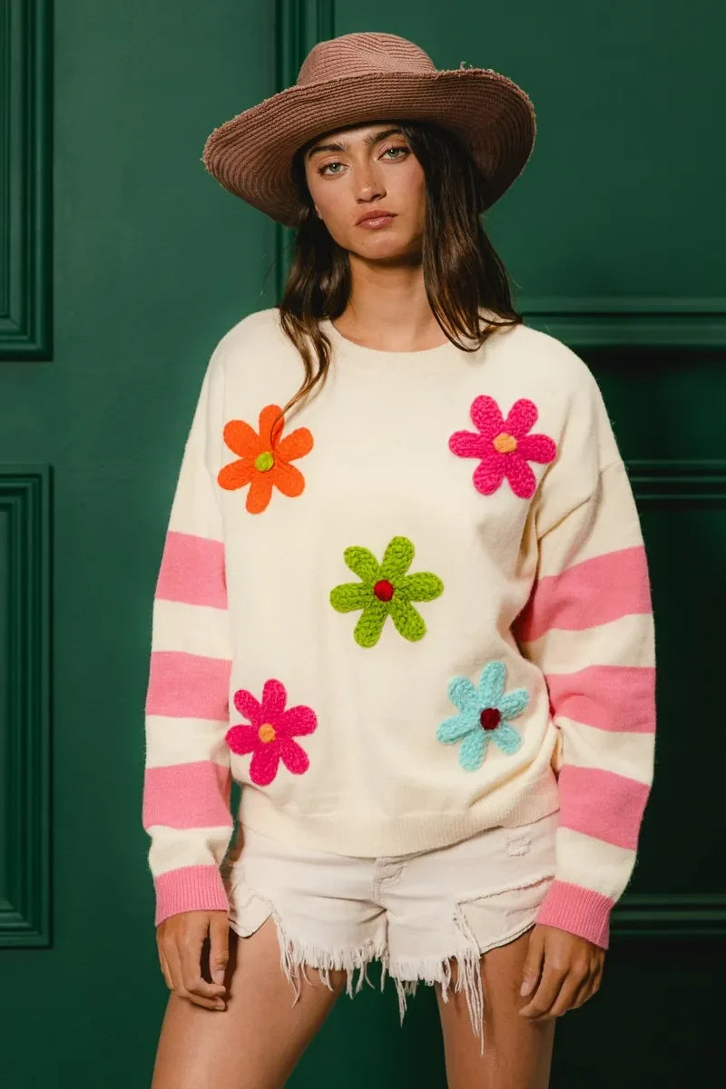 BiBi Colorful Floral Patched Sweater with Striped Sleeve