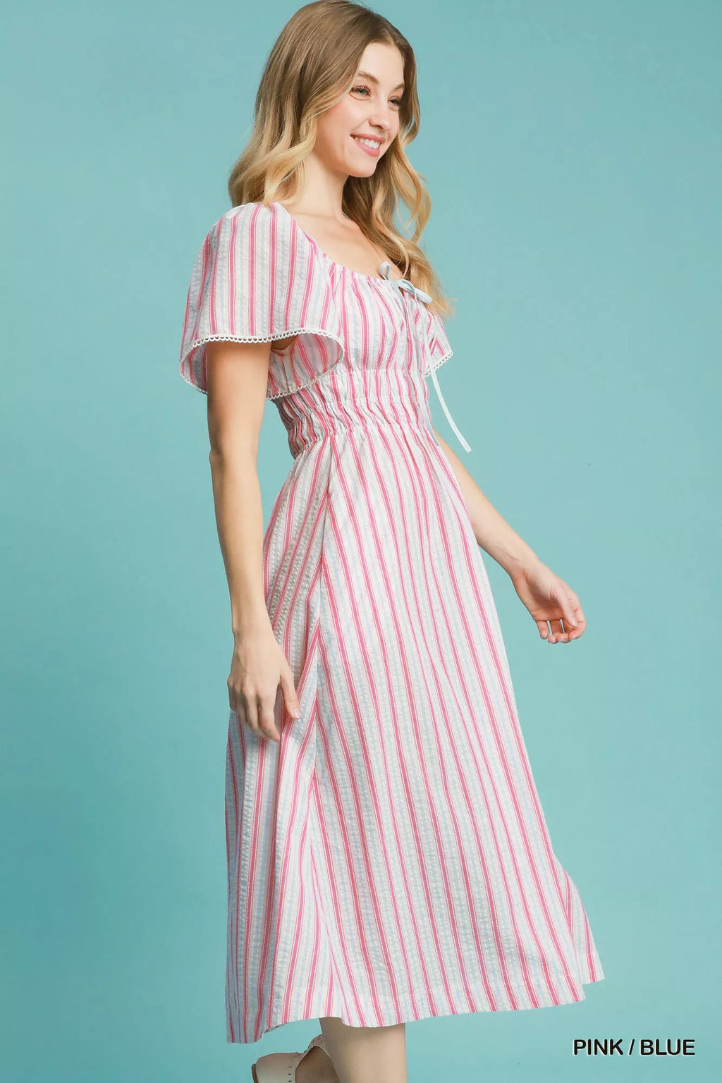 Umgee Smocked Striped Short Sleeve Midi Dress