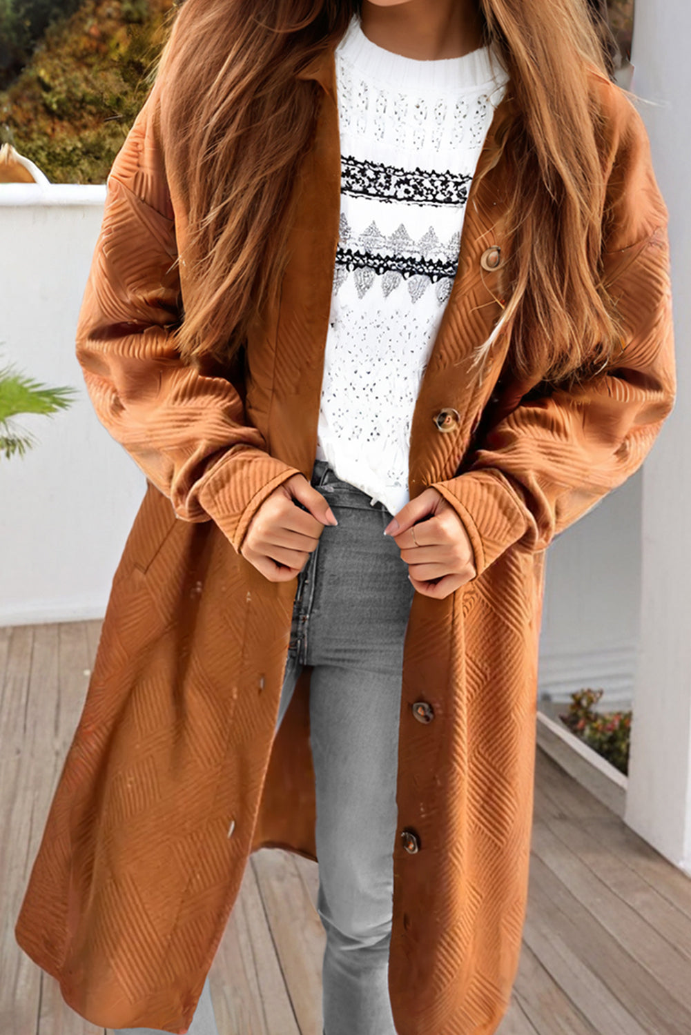 Textured Collared Button-Up Drop Shoulder Coat