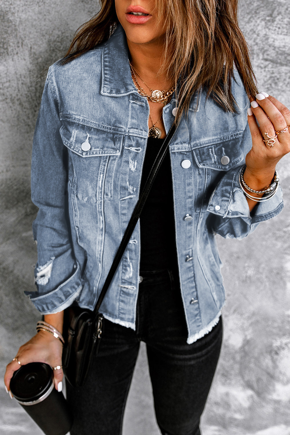 Denim Lapel Distressed Raw Hem Buttoned Jacket-0