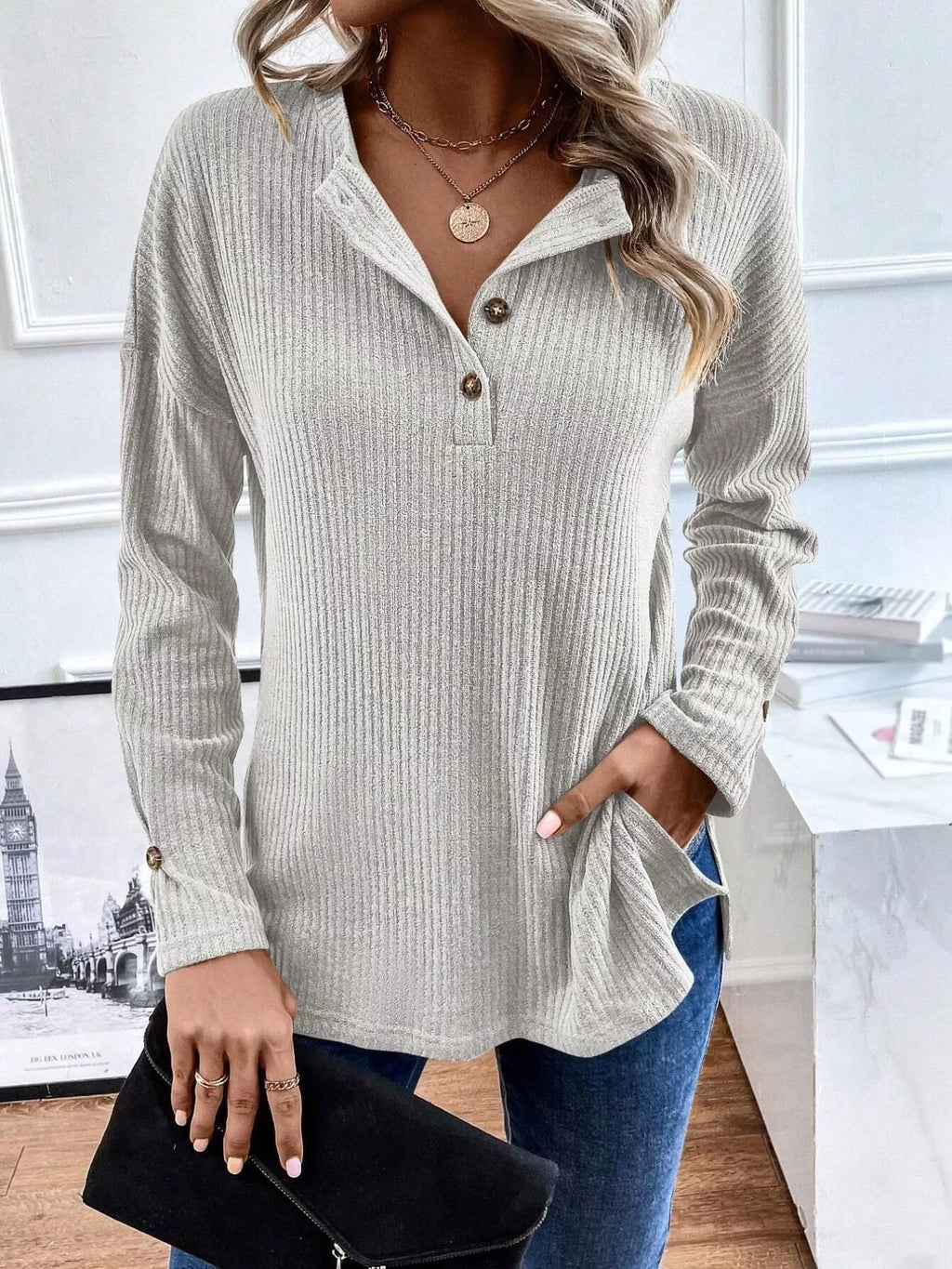 Ribbed Knit Button Detail Long Sleeve T-Shirt
