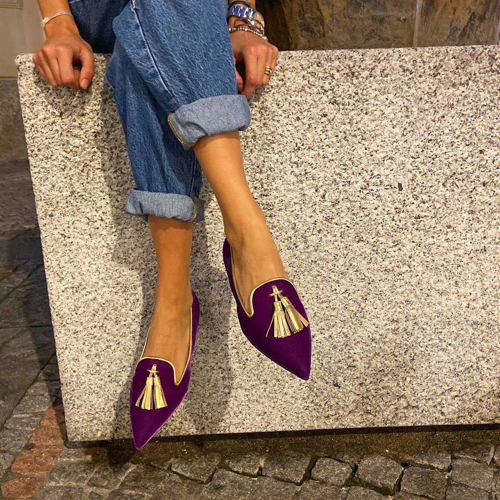 Suede Pointed Toe Tassel Flats