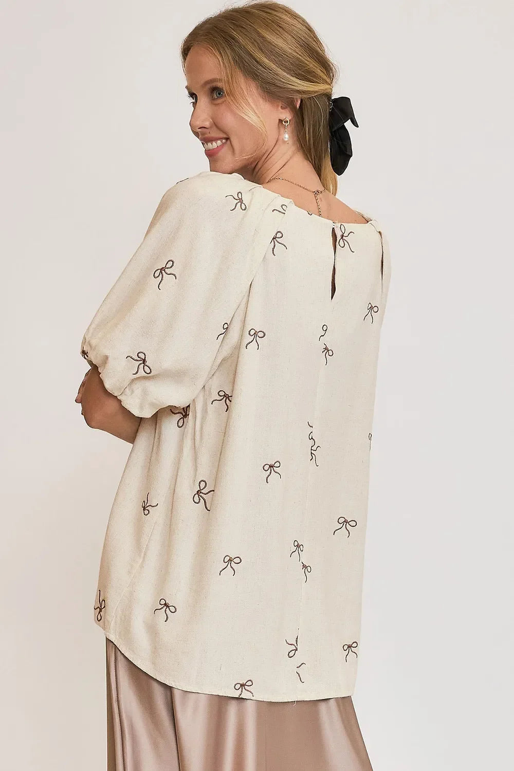 Umgee Full Size Linen Blend Ribbon Embroidered Top Plus Size