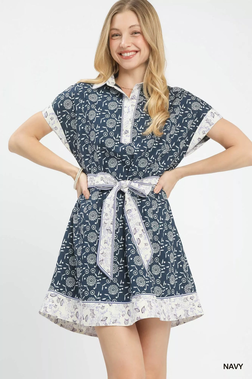 Umgee Border Print Belted Shirt Dress