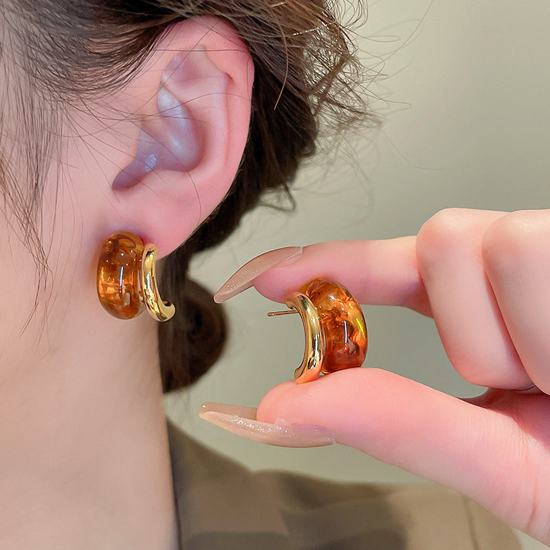 Vintage Amber Resin C-Hoop Earrings