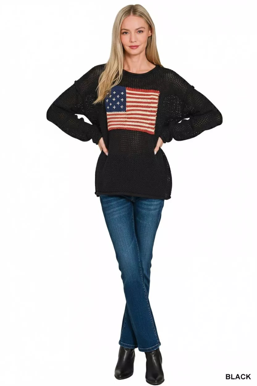 Zenana American Flag Crew Neck Sweater