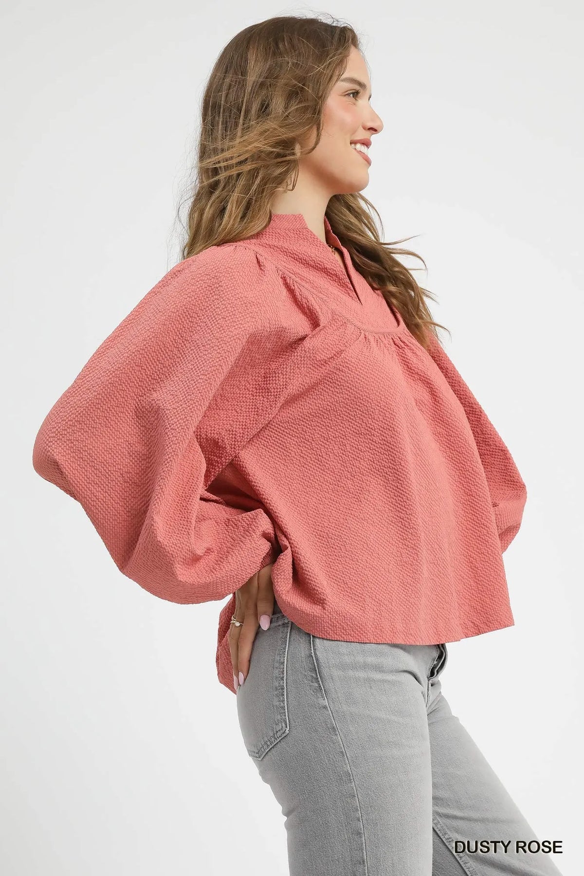 Umgee Textured Notched Blouse with Balloon Sleeves