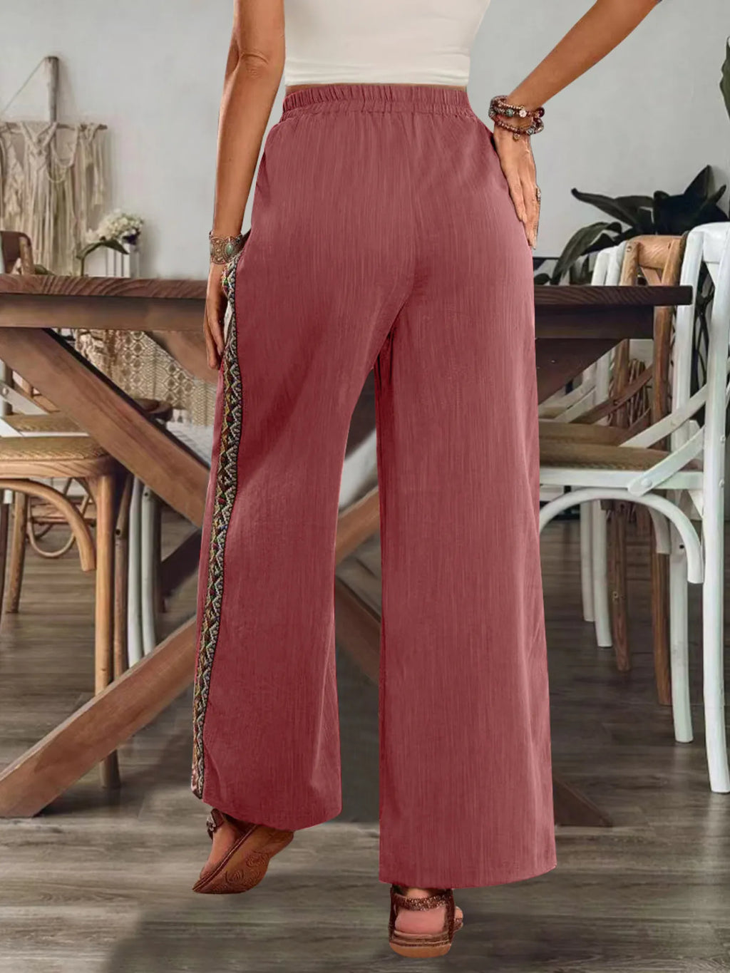 Bohemian Wide Leg Embroidered Side Stripe Pants