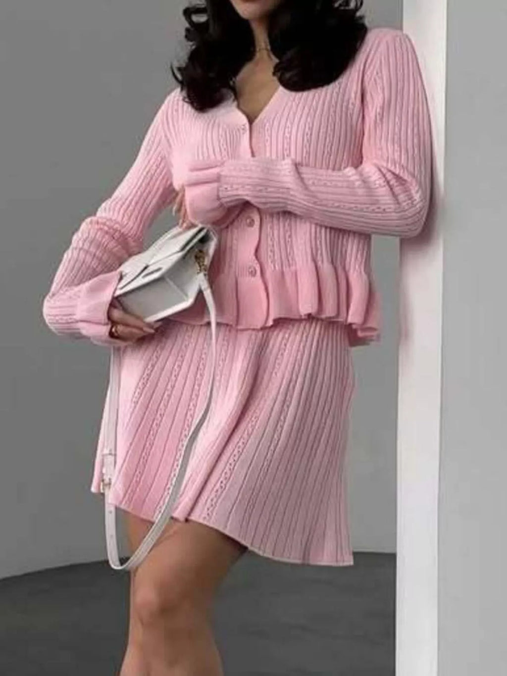 Ruffle Trim Knit Cardigan & Skirt Set