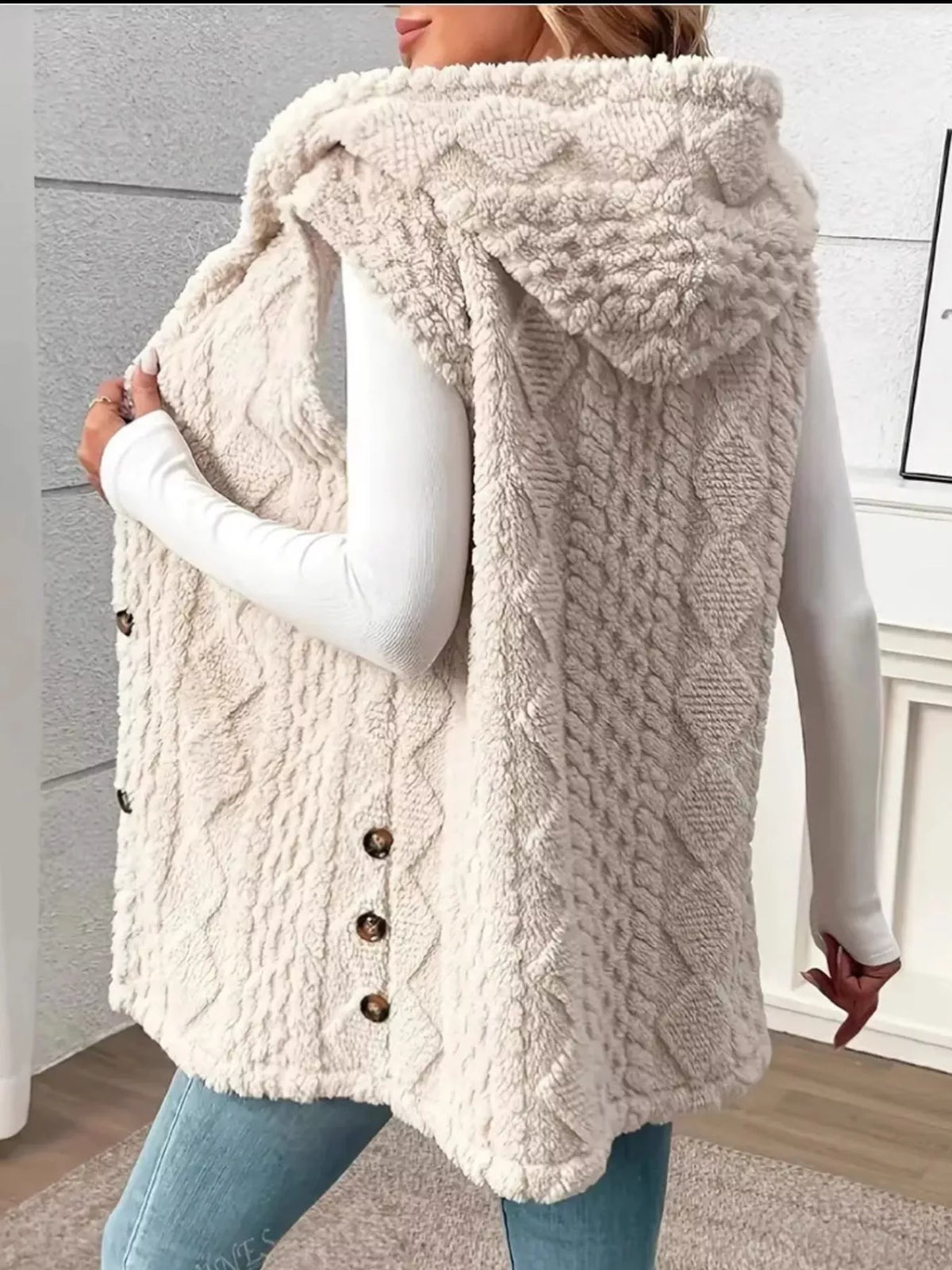 Button Up Plush Hooded Vest Coat