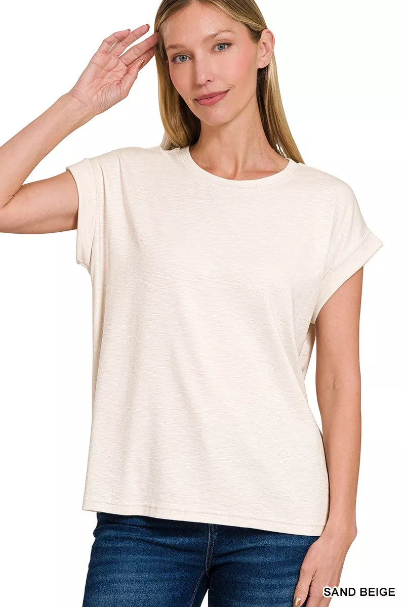 Zenana Full Size Cotton Modal Slub Rolled Sleeve T-Shirt Plus Size