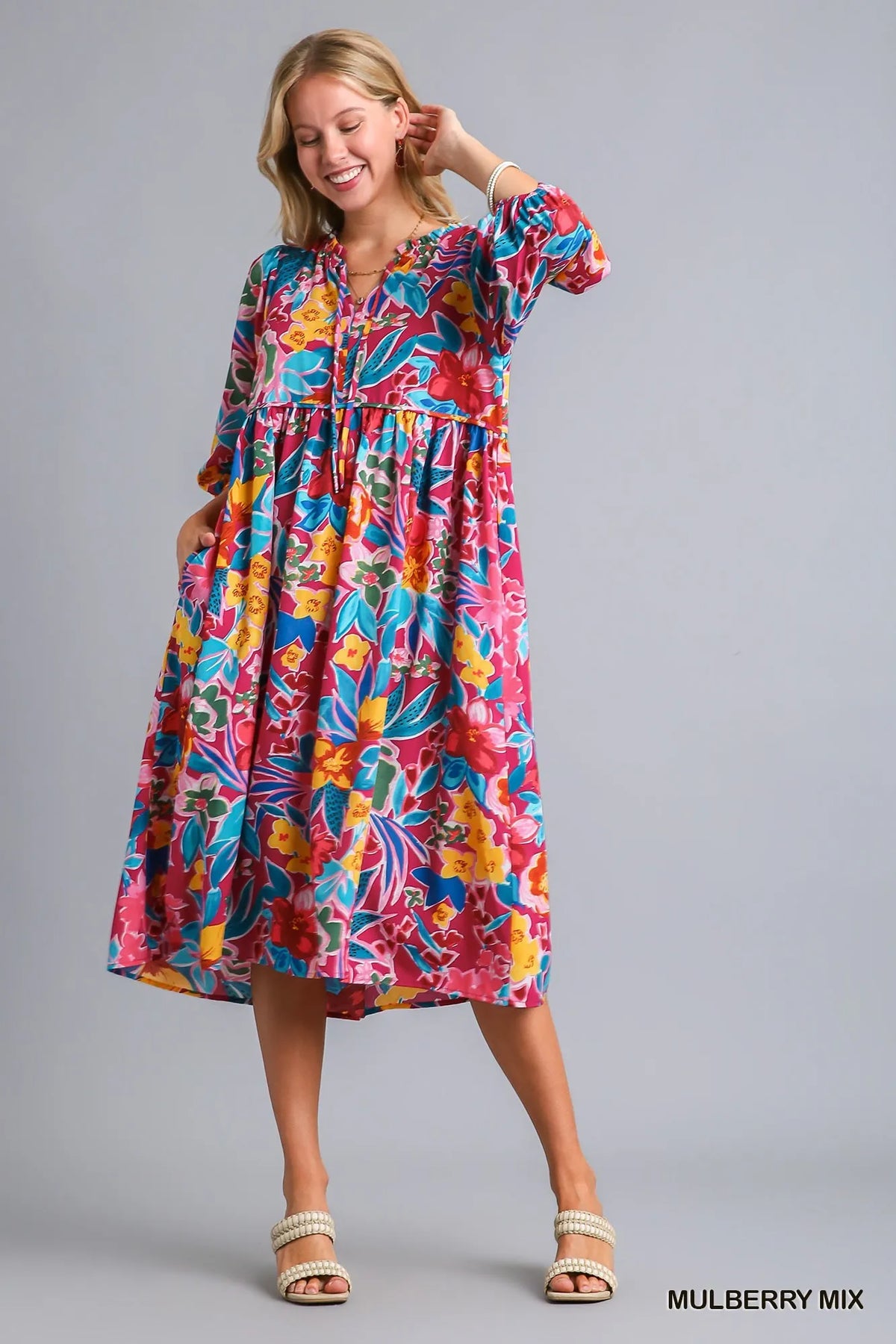 Umgee Full Size Floral Print Tie Neck Midi Dress with Pockets Plus Size