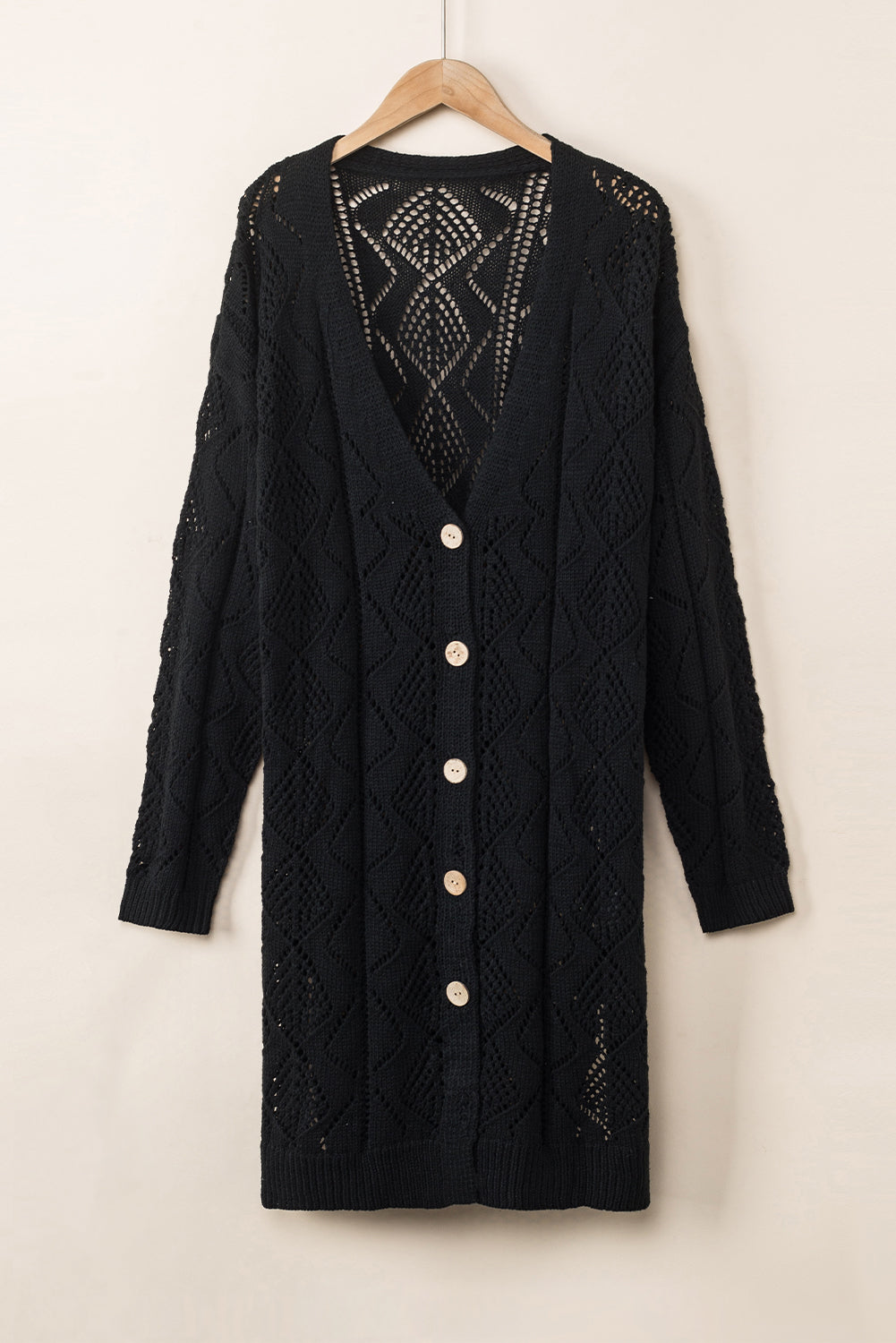 Solid Openwork Knit Button-Up Cardigan