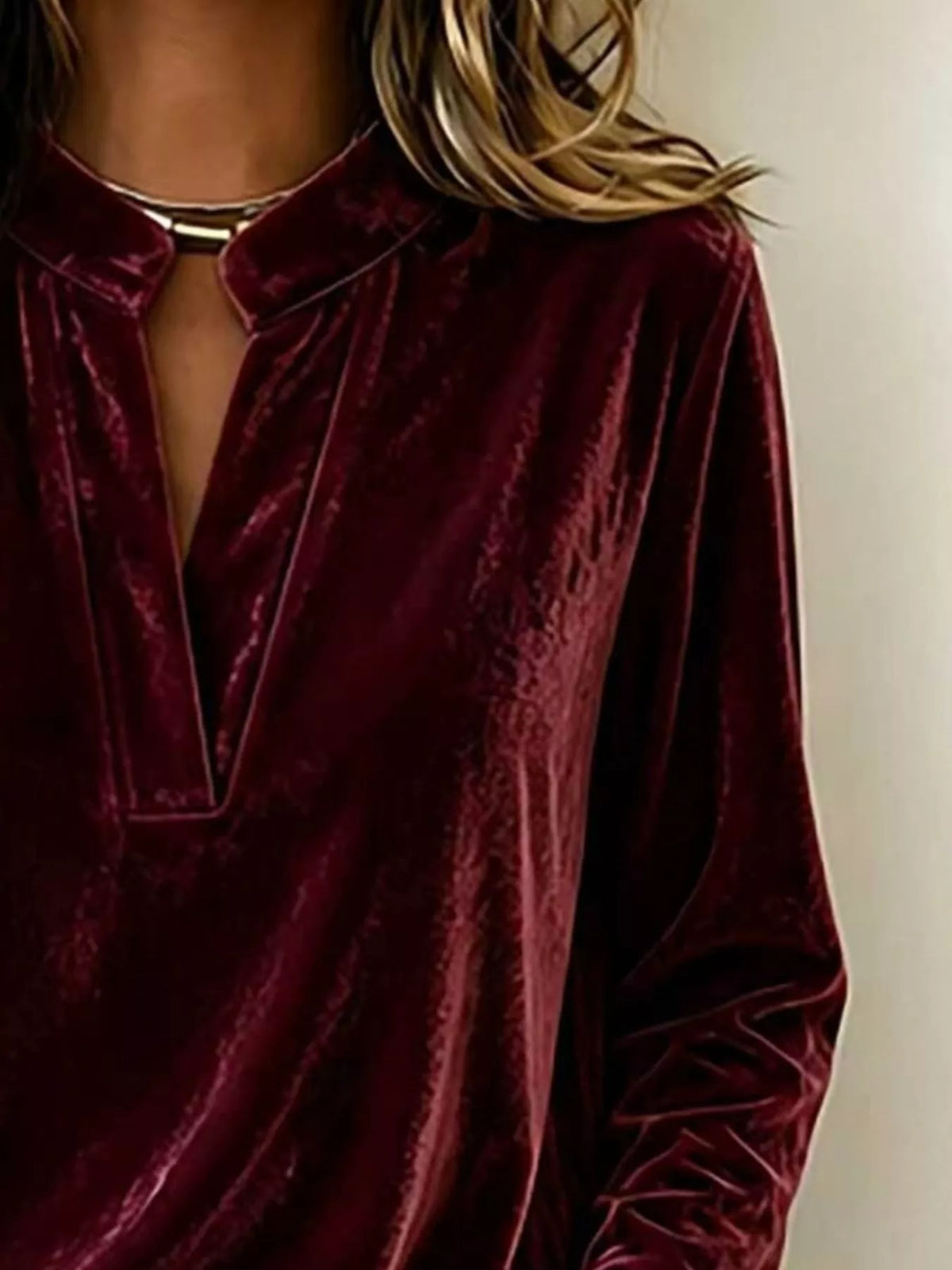 Full Size Velvet Notched Long Sleeve Blouse Plus Size