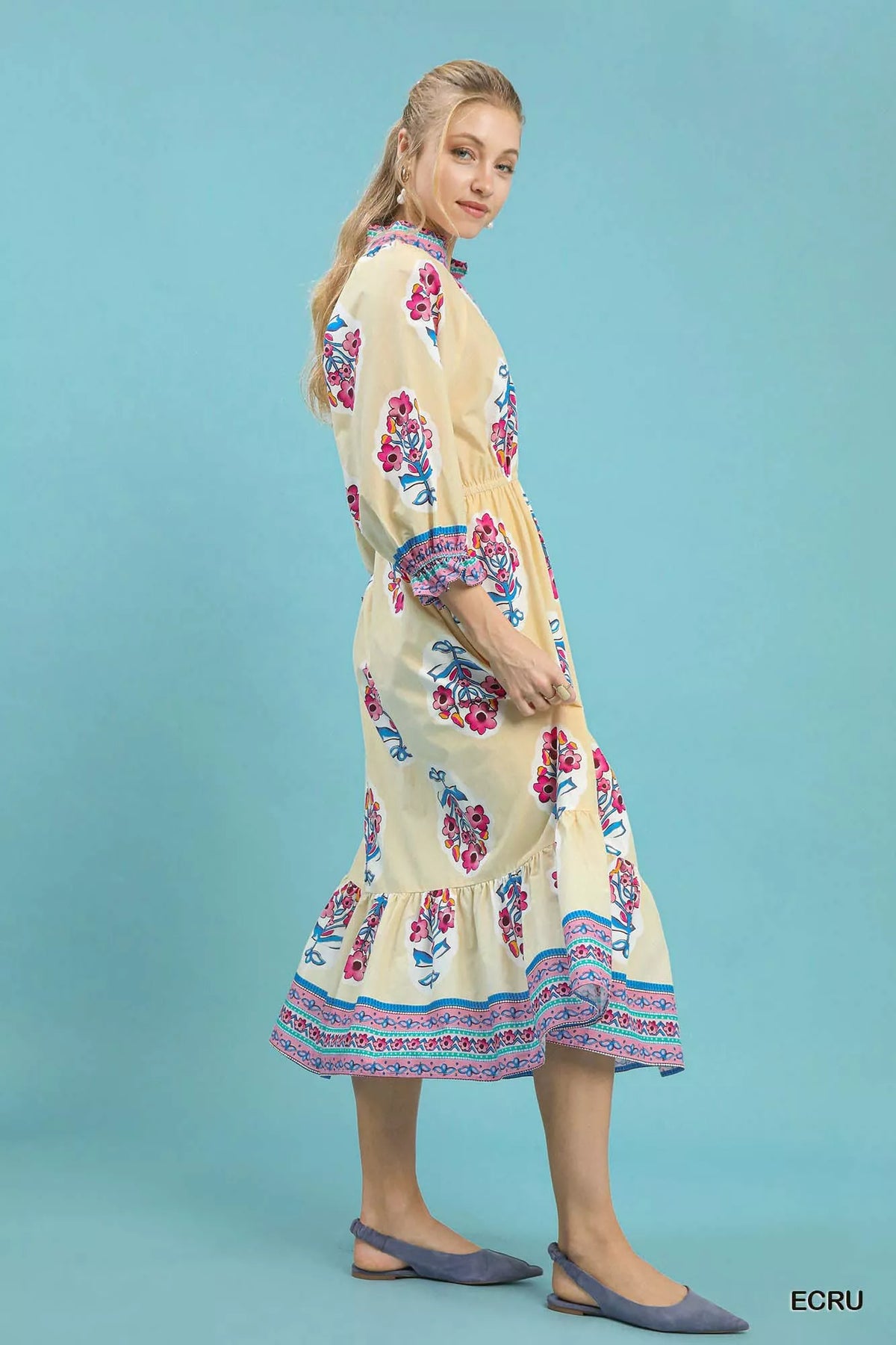 Umgee Flower Patch Border Print Midi Dress