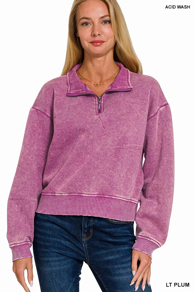 Zenana Acid Wash Fleece Half Zip Sweatshirt