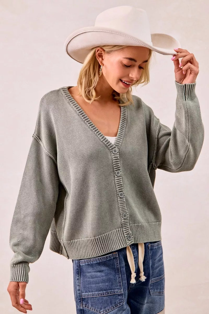 BiBi Washed Sweater V Neck Cardigan
