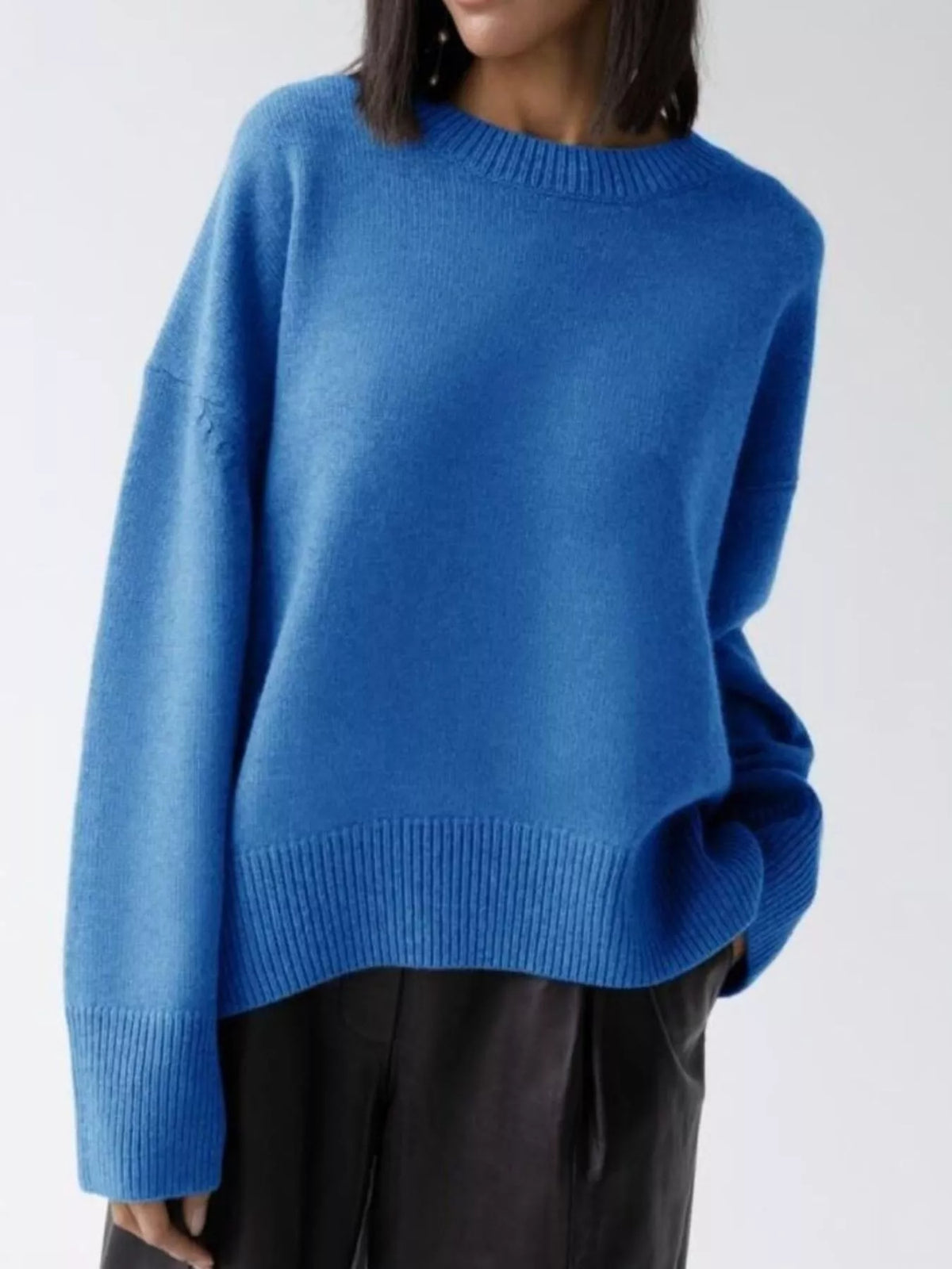 Ribbed Hem Round Neck Sweater