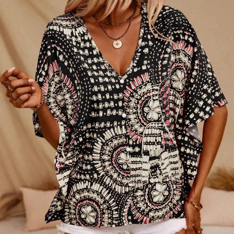 Mandala Print V-Neck Blouse – Casual Vacation Top