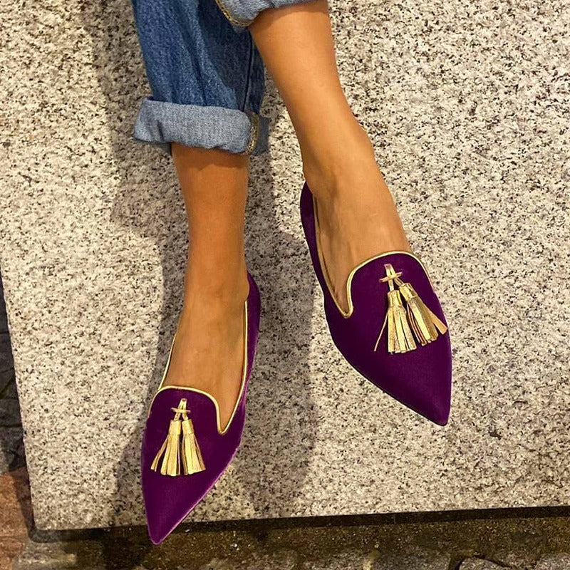 Suede Pointed Toe Tassel Flats