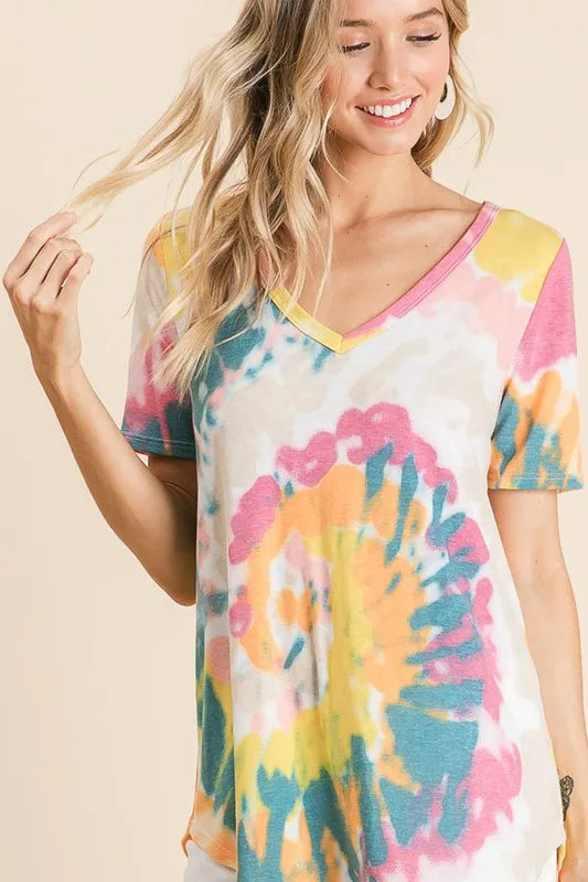 BiBi Circular Tie Dye Print V Neck Top